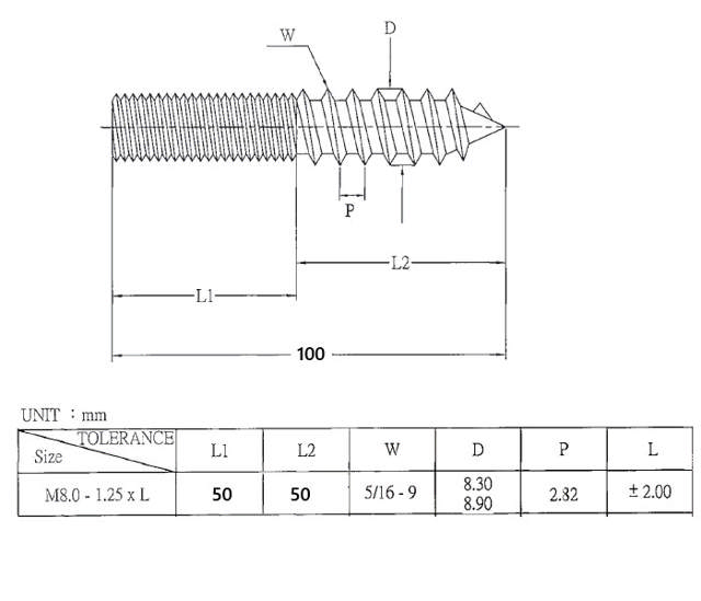 Hangerbolt, Cylindrical, M8x100mm, 50/50, Steel-YZP