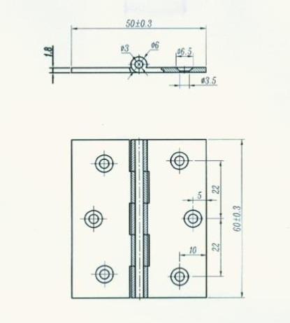 Butt Hinge, 60x50x1,8mm, Brass Sanded, ø3,5mm Holes