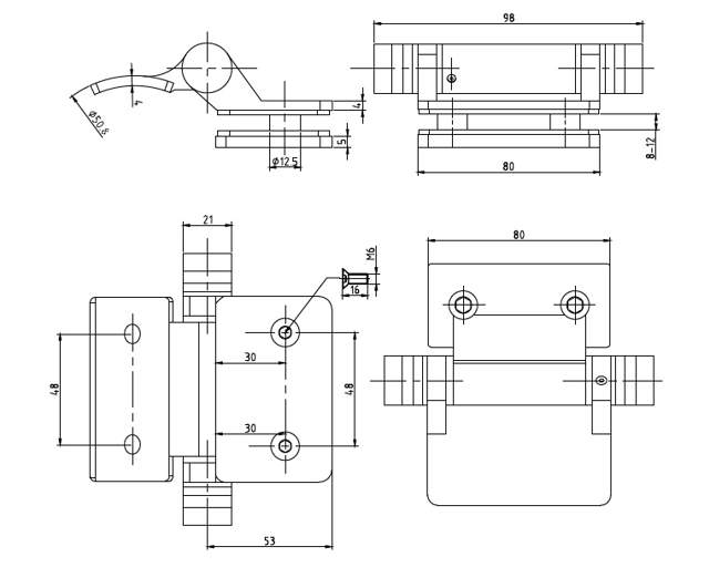 Baluster Spring Hinge, ø42,4mm Tube/Glass,  8-12mm Glass,