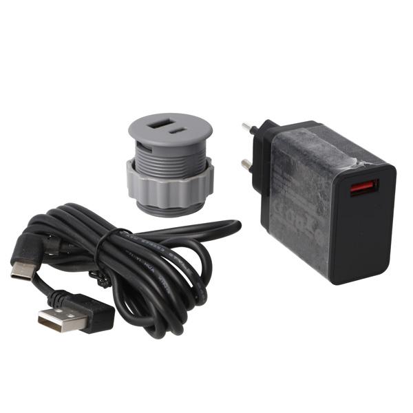 USB Charger (C+A), Round ø35mm, Grey ABS, W/Euro Plug &