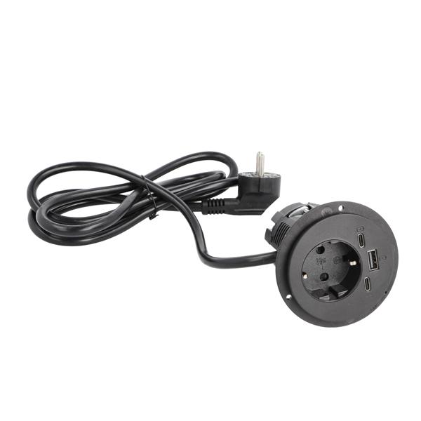 Power Socket, Black, ø60mm,1 EU Socket+2 USB Chargers (A+C)